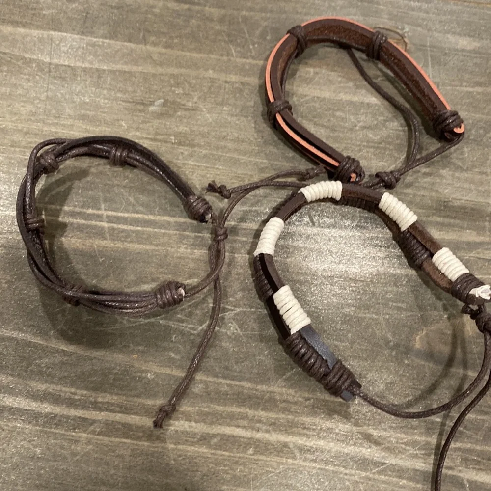 ( 3 ) NEW 100% Leather Brown & Cream Boho Adjustable Bracelet SET - Picture 5 of 6